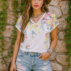 TED BAKER White Floral Cap Sleeve Mixed Media Tee, XS